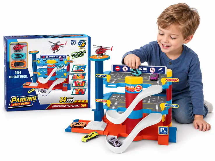 Multi-Level Parking Garage Playset with 2 Cars & Helicopter